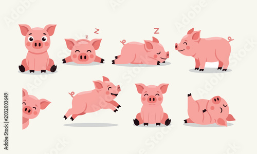 Vector illustration of cute cartoon pig in different poses set of adorable farm animal characters