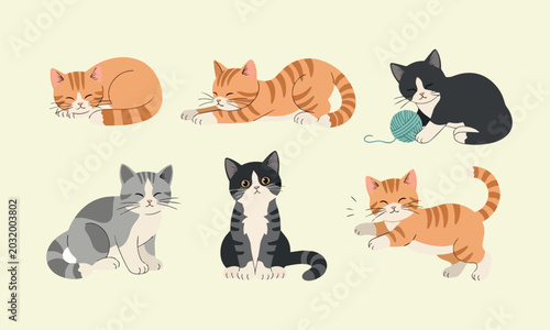 Vector illustration of cute cats in different poses set of playful domestic kittens cartoon style
