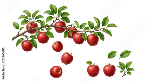 Ripe red apples on a leafy branch with falling and separated apples and a small sprig, realistic botanical illustration isolated on a transparent background