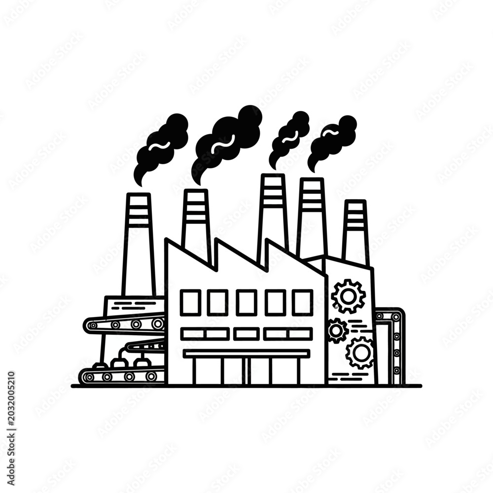 Fototapeta premium Industrial Factory Silhouette with Smoke Stacks and Conveyor Belt