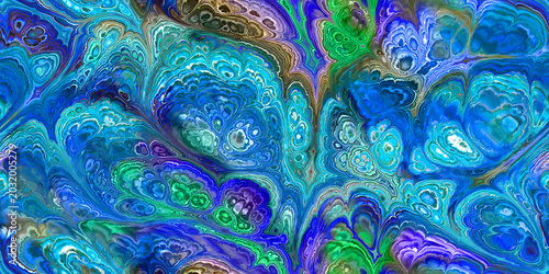 intricate seamless tile marbling in blues green purple brown, the colors of a peacock feather eye
