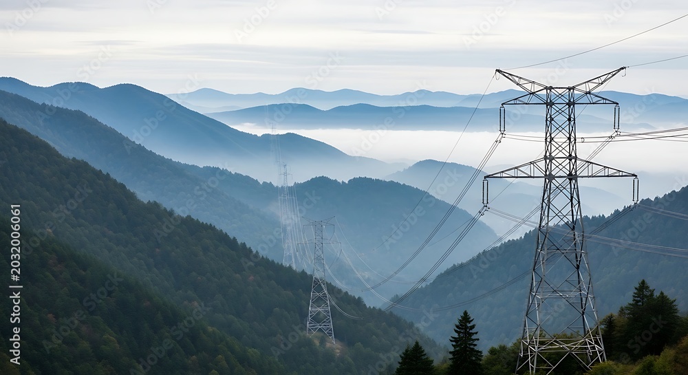 Obraz premium High Voltage Power Transmission Lines Towering Over Misty Green Mountain Landscape
