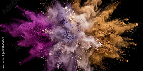 Foto A vibrant explosion of Holi powder bursts outwards, creating a kaleidoscopic display of purple, pink, and golden hues against a stark black background, capturing the essence of a lively festival