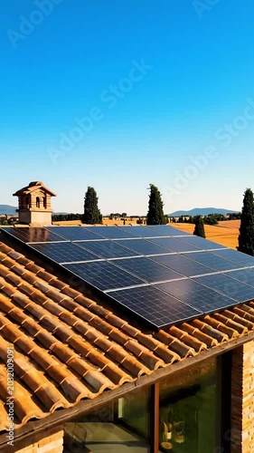 Tuscan Residence With Solar Panels On Roof Overlooking Wheat Fields In Italy