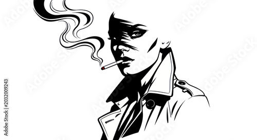 Foto Stylish Woman Smoking Cigarette with Smoke Wisps - Black and White Illustration