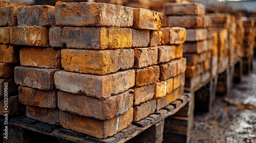Large stacks of red clay bricks in an outdoor construction supply yard