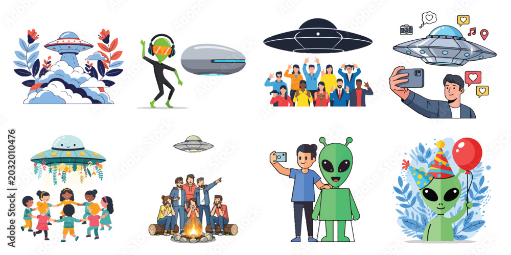 Fototapeta premium Ufo and Alien Collection Showcasing Friendly Encounters Space Adventures and Celebrations