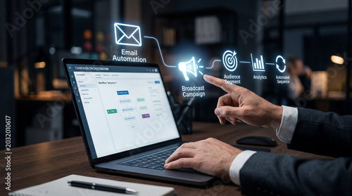 Business professional interacting with digital marketing campaign orchestration interface on laptop in modern office setting strategy concept
