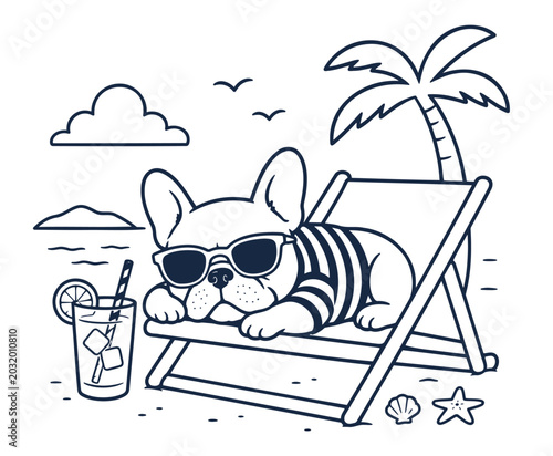 French bulldog lying on a lounge chair wearing sunglasses in the summer vector illustration
