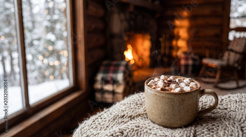 Steaming hot chocolate with marshmallows on knitted blanket near fireplace in cozy winter cabin