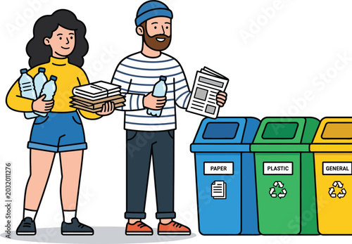 Obraz na plátně People sorting waste for recycling into separate bins flat vector illustration