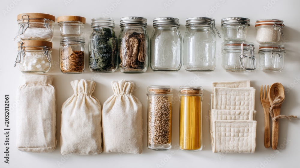 Obraz premium Container setup essentials. Ecoconscious storage using glass containers and cloth enclosures. Organized pantry with reusable glass jars and fabric bags emphasizing sustainability principles