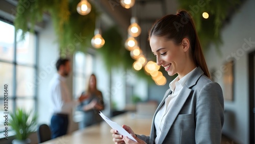 Professional Young Woman Smiling Reading Document in Modern Office with Colleagues Blurred Background