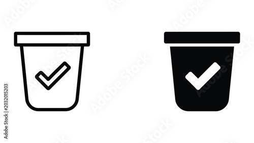 Photos Trash can with checkmark icon set in outline and solid glyph style vector
