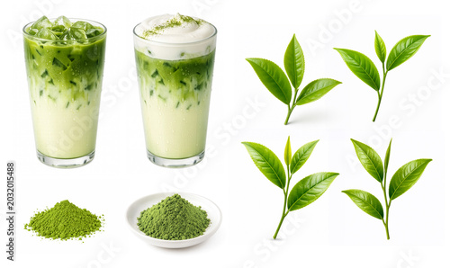 Iced green tea latte with matcha powder and green tea leaves in glass
