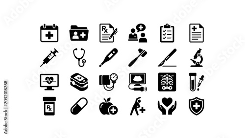 Hospital tools and healthcare service icons in flat vector format.