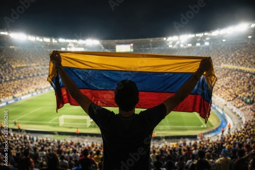 Soccer fan holding large colombian flag while cheering at packed stadium during international match