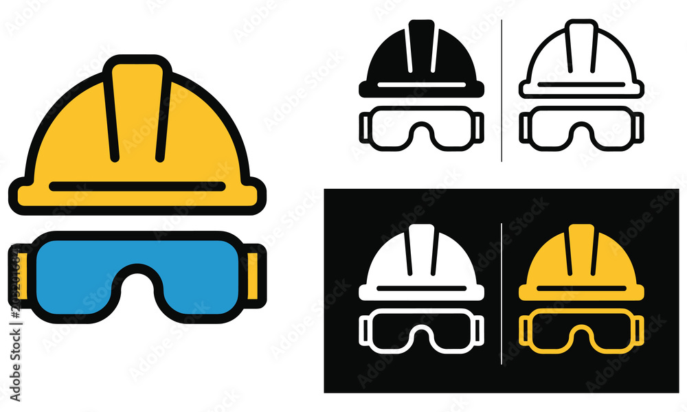 Fototapeta premium Construction safety gear icons featuring a yellow hard hat and protective blue eyewear displayed in various clean graphic design styles
