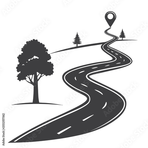 Winding Asphalt Road with Location Pin Trees and HillsMinimalist Vector Graphic