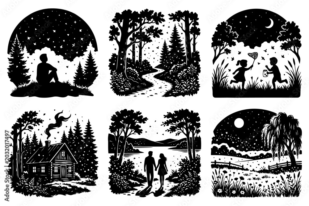 Fototapeta premium Black and white nature scenes with silhouettes of people and landscapes.