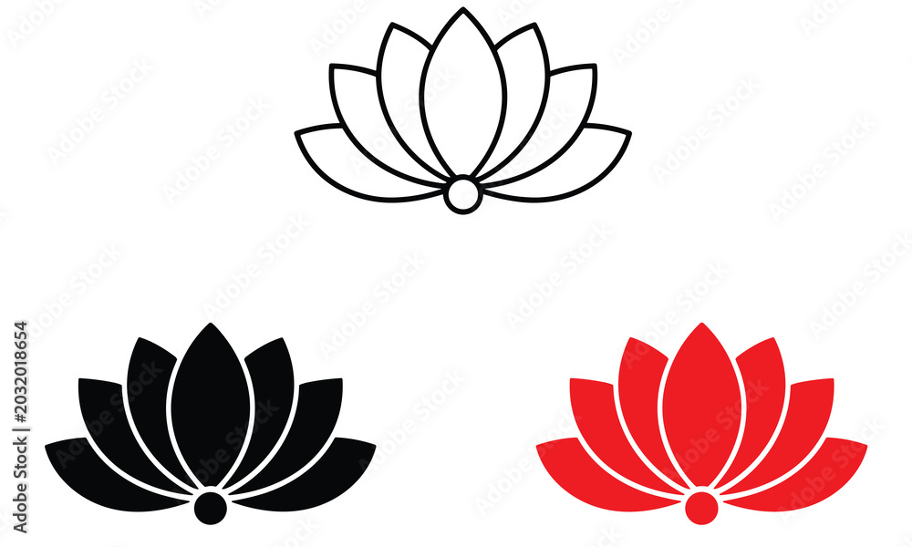 Fototapeta premium Three stylized lotus flower icons presented in outline black solid and red solid versions for various creative design project needs