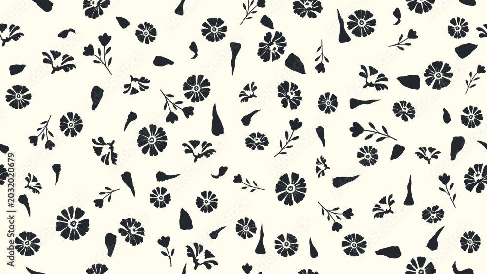 Obraz premium Monochrome abstract black and white drifting floral repeating texture, samless wallpaper and fabric design