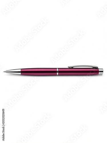 Elegant metallic magenta pink ballpoint pen with silver chrome accents isolated on white