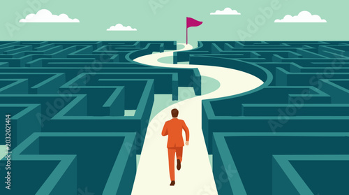 Quadro su tela Man running on clear path through a maze towards a goal flag, business concept
