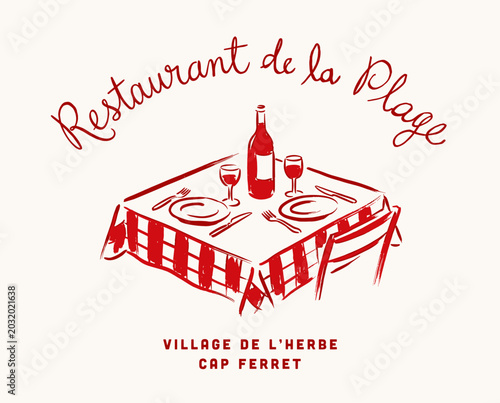 Obraz na plátně Restaurant de la Plage, Cap Ferret, vintage illustration, red wine, checkered ta