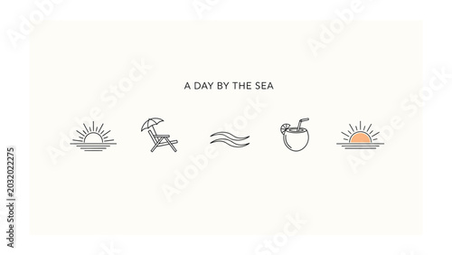 A Day by the Sea: A collection of simple, elegant line art icons symbolizing a relaxing day at the beach. Includes a sunrise, beach chair, ocean wave, coconut drink, and a sunset.