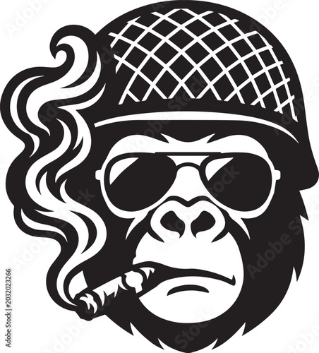 Photography Stylized black and white illustration of a smoking gorilla wearing aviator sungl