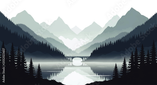 Bilde på lerret Vector flat design illustration of a serene mountain landscape with a bridge ove