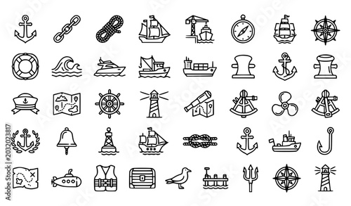 Quadro em tela Anchor Line Icon Set Featuring Nautical Ship Marine and Sailing Symbols