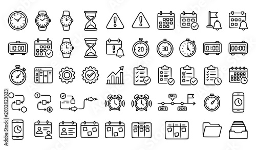 Tableau sur toile Time Management Line Icon Set Featuring Clock Watch Hourglass and Productivity S
