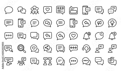 Photos Comment Line Icon Set Featuring Feedback Dialogue Conversation and Chat Symbols