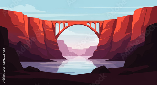 Photos A stunning vector flat design illustration of a grand arch bridge spanning a vas