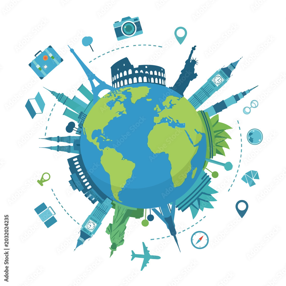 Naklejka premium Around the World Travel Icon: Globe with Famous Landmarks.