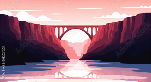 Obraz na płótnie Vector flat design illustration of a grand bridge spanning a canyon with a river