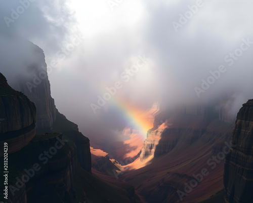 Misty Canyon with Rainbow and Sunlit Cliffs