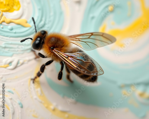 Macro Close-up of a Honey Bee on an Abstract Textured Painted Background