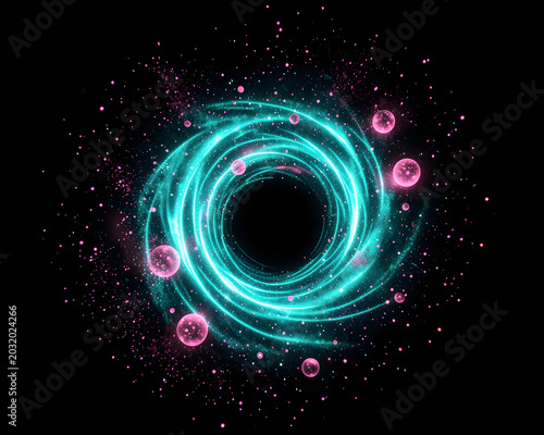 Cosmic Tunnel with Glowing Rings and Floating Spheres