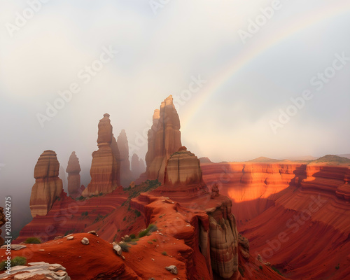 Mystical Red Rock Formations with Rainbow in Desert Canyon