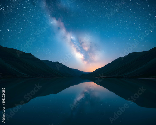 Stunning Milky Way Galaxy Reflection Over a Calm Mountain Lake at Night