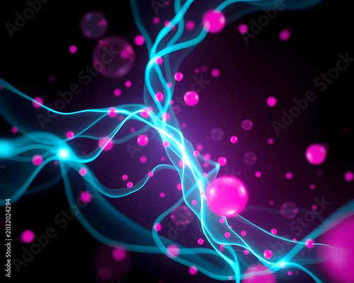 Abstract Background with Glowing Blue Light Waves and Floating Pink Spheres