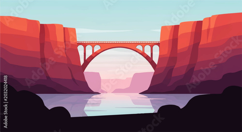 Obraz na płótnie Vector flat design illustration of a majestic bridge spanning a canyon with a ri