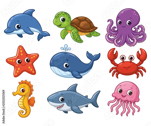 Cute marine creatures collection. Dolphin, turtle, octopus, starfish, whale, crab, seahorse, shark, jellyfish