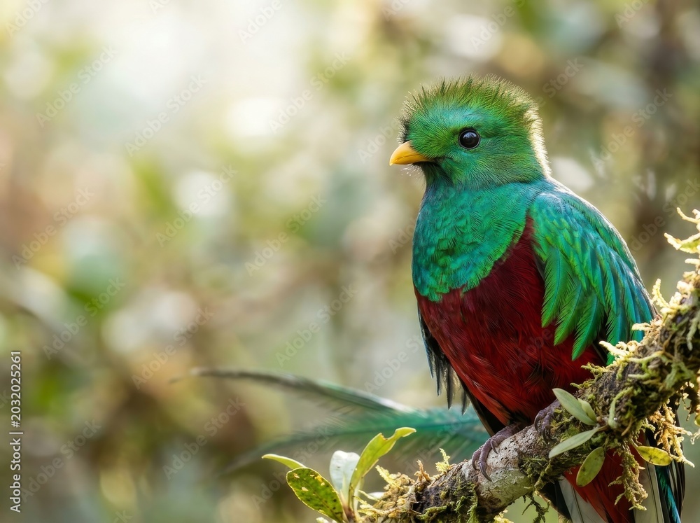 Fototapeta premium Resplendent Quetzal Bird Perched on a Mossy Branch in a Lush Forest