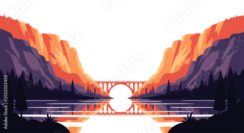 Schilderij op canvas Vector flat design illustration of a scenic mountain landscape with a bridge ove