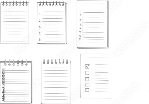 Quadro su tela A collection of hand-drawn style notebooks and checklists featuring lined paper,