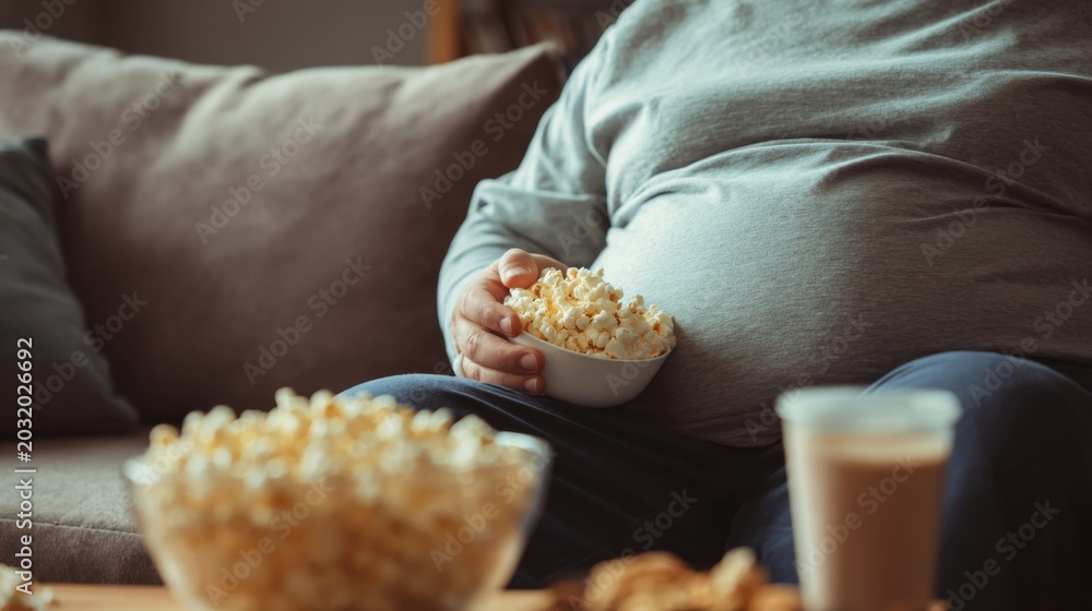 Obraz premium Man Sitting on Sofa Watching Television with Bowl of Popcorn and Visible Belly Fat in Cozy Living Room Setting